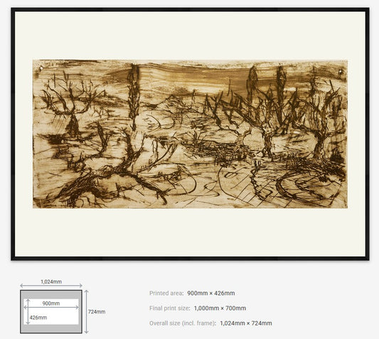 Artistic depiction of a winter landscape with trees , framed with dimensions displayed.