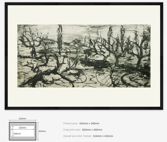 Framed black and white artwork of trees with dimensions displayed.