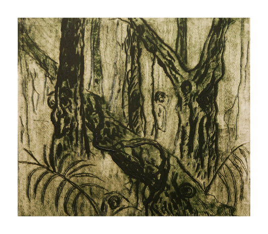 Woodcut-style illustration of a forest scene with trees and a figure among them.