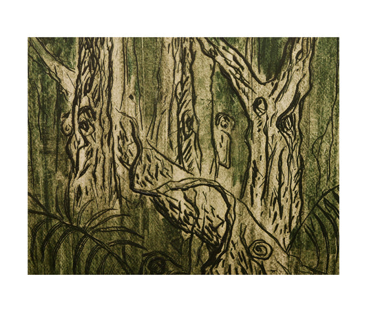 Artistic depiction of trees with intricate details on a textured background