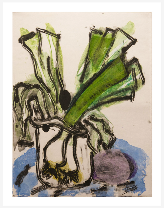 Artistic depiction of a vase with green leaves on a beige background