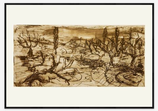 winter field Abstract artwork with brown ink on a white background