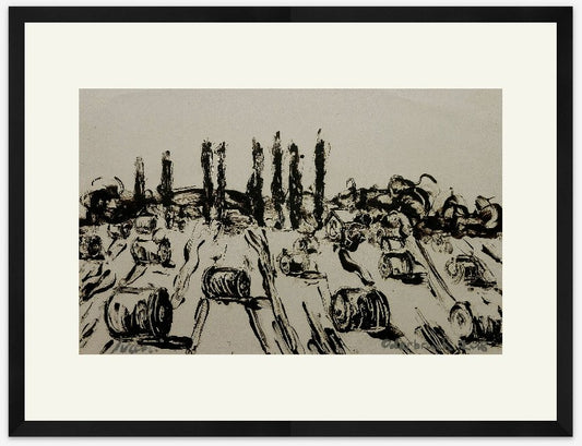 Field with Haybales house and poplar