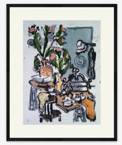 Framed artwork of a still life scene with flowers, a teapot, and other objects on a table.