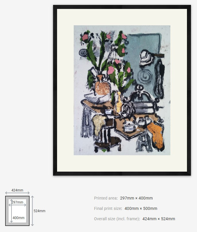 Framed artwork with a still life scene, dimensions displayed.