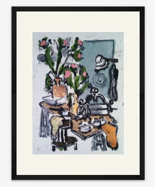 Framed artwork of a still life scene with flowers and objects on a table.