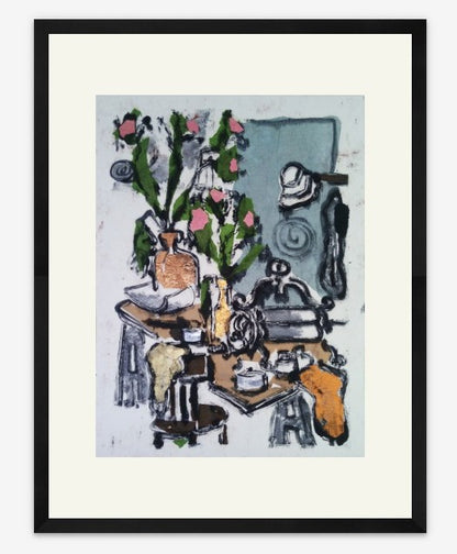 Framed artwork of a still life scene with flowers and objects on a table.