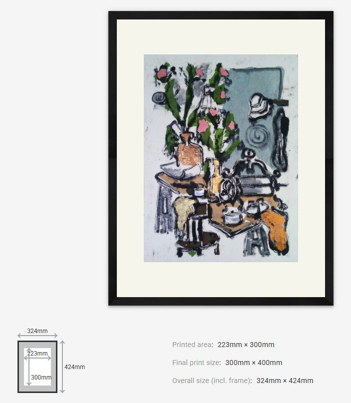 Framed artwork with a detailed scene of a room and floral elements on a white background.