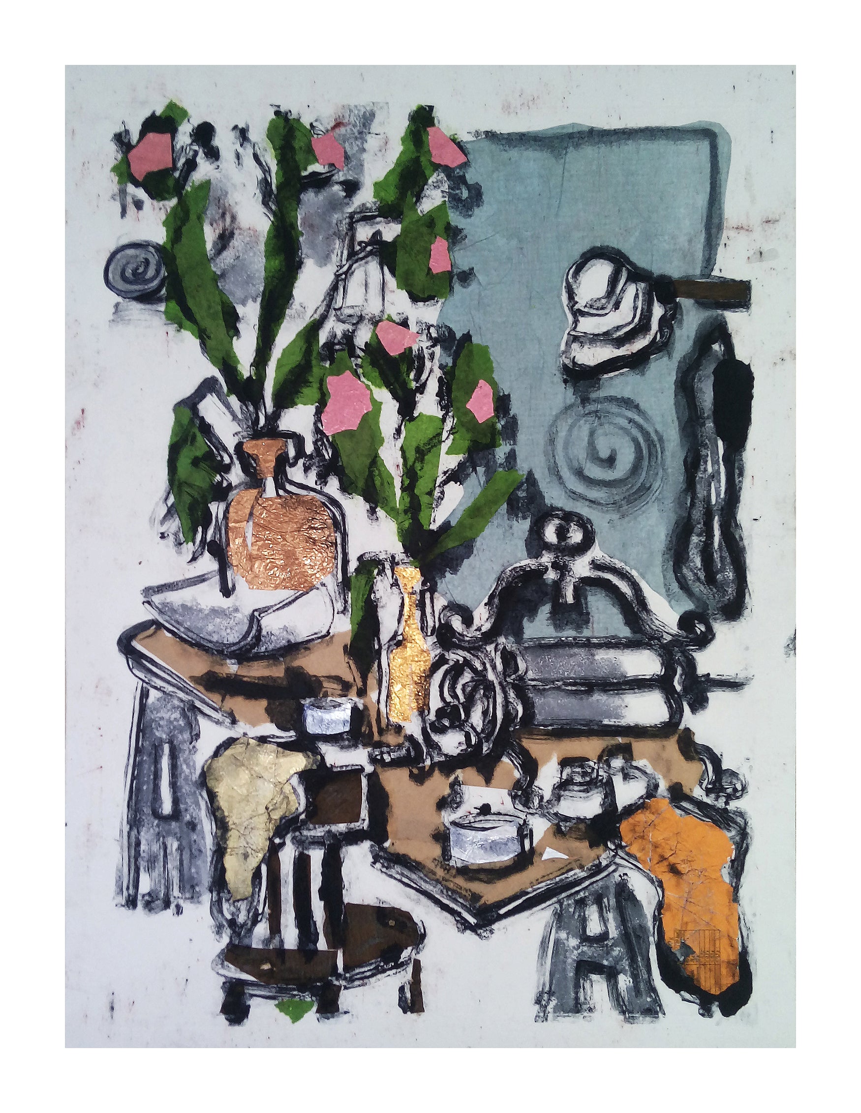 Artistic depiction of a still life scene with flowers, table, and objects on a white background