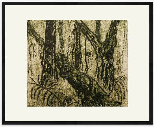Framed artwork of a forest scene with trees and foliage.