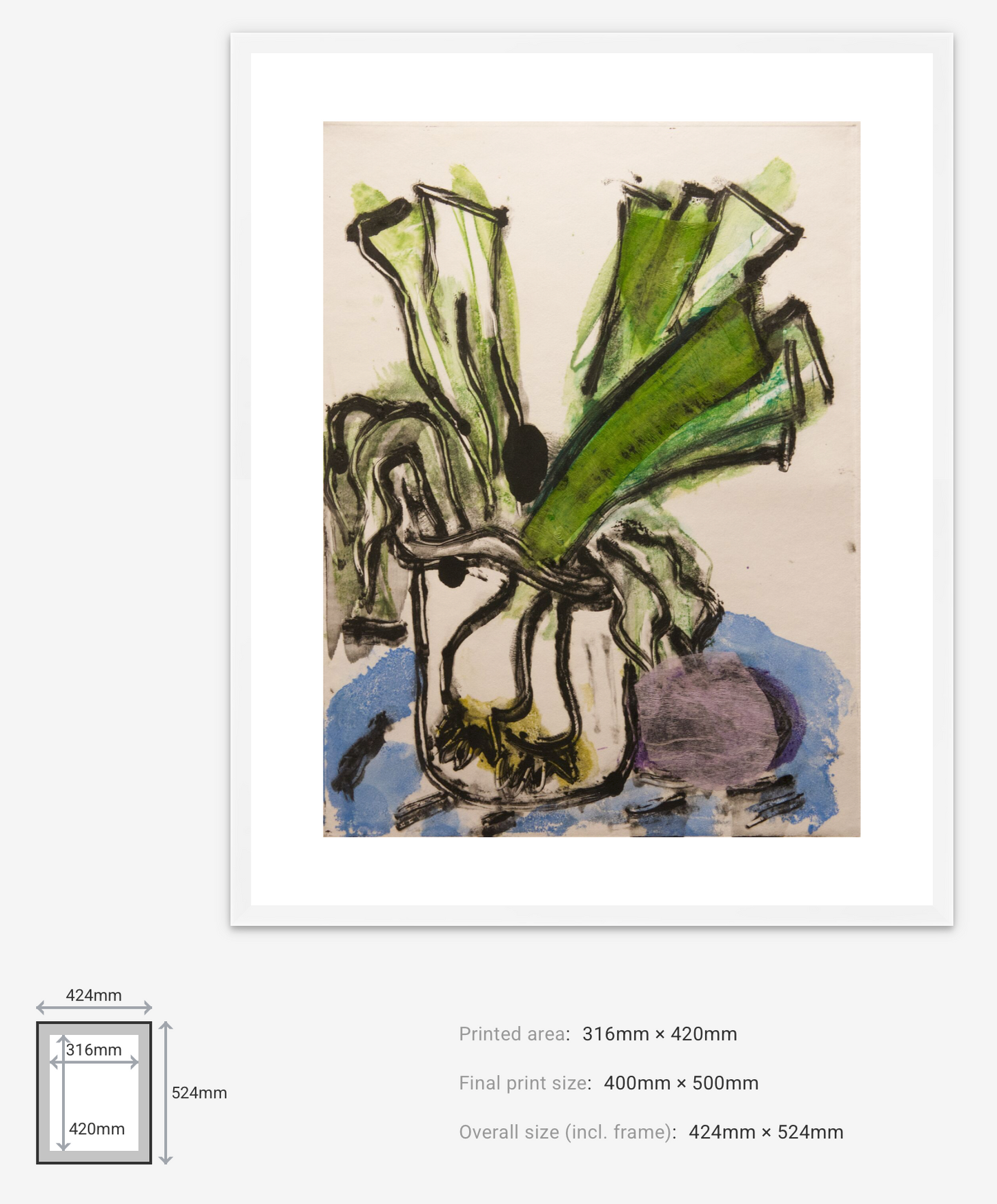 Framed abstract artwork with green and brown elements on a beige background