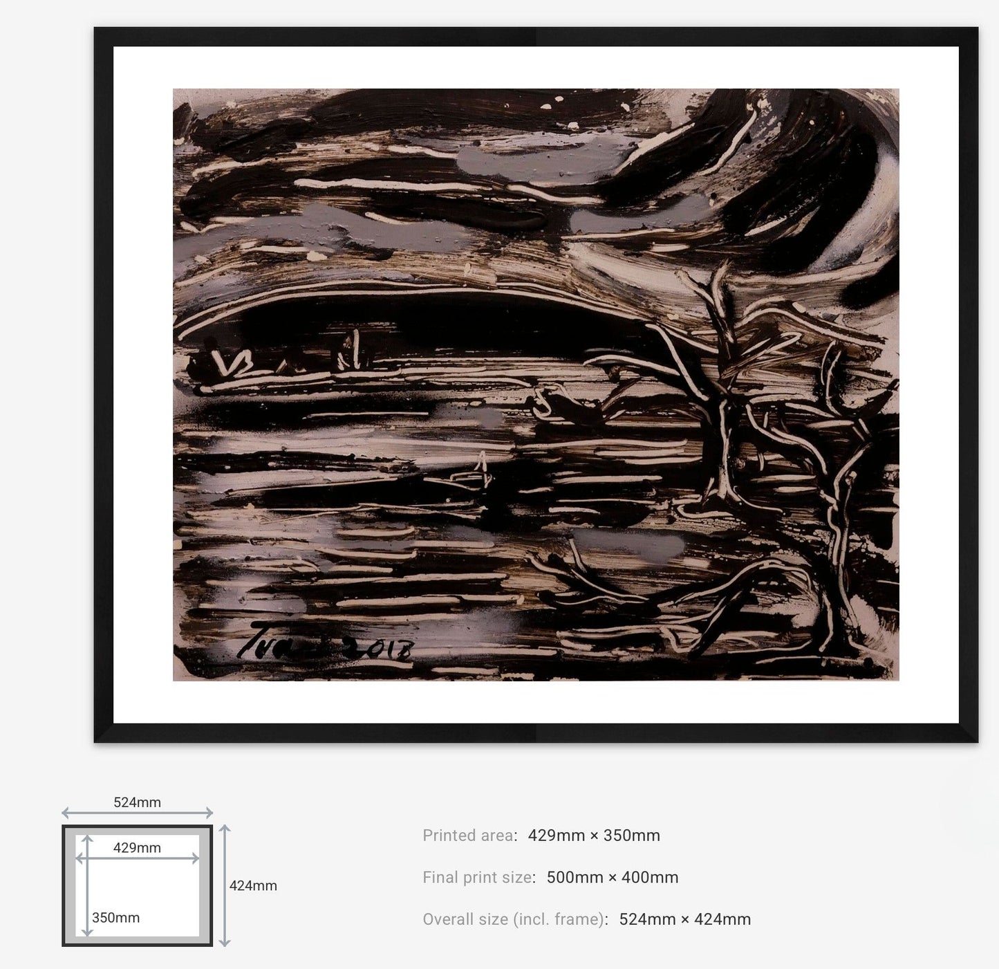 Framed abstract artwork with dimensions displayed below