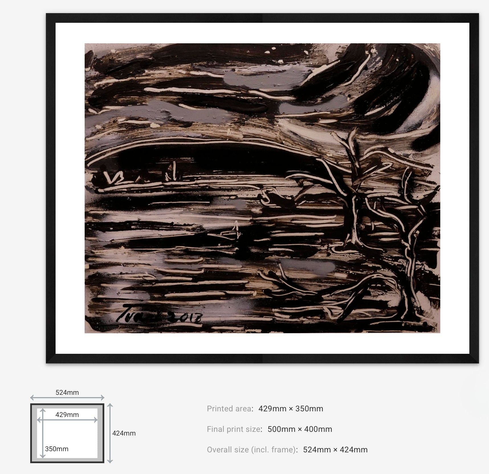 Framed abstract artwork with dimensions displayed below