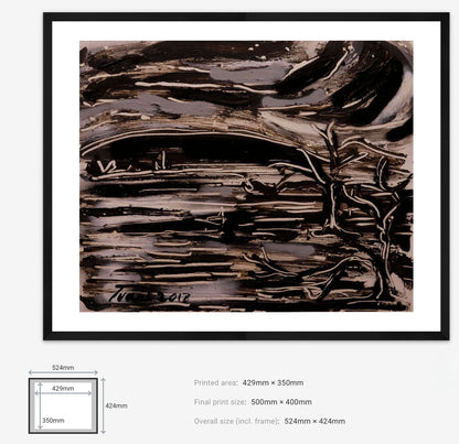 Framed abstract artwork with dimensions displayed below