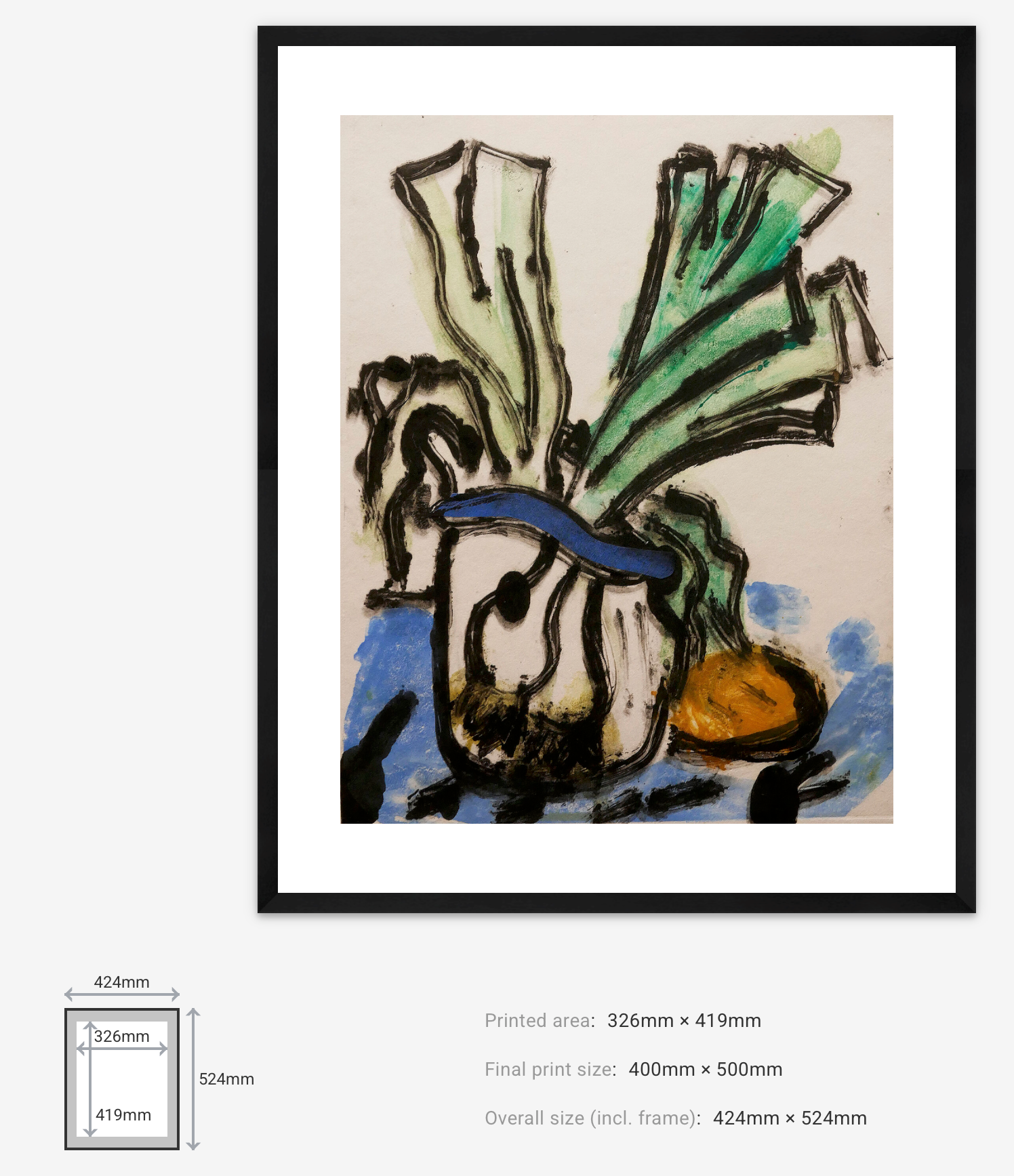 Framed abstract artwork with a black frame on a white background