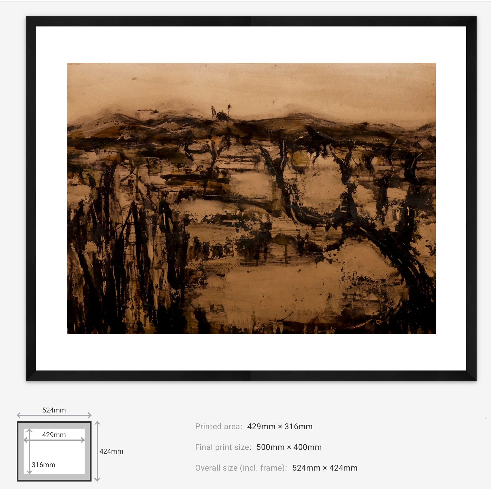 Framed landscape painting with dimensions displayed below
