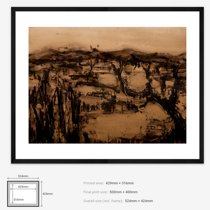 Framed landscape painting with dimensions displayed below