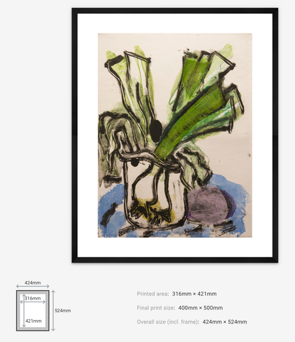 Framed abstract artwork with green and white elements on a beige background