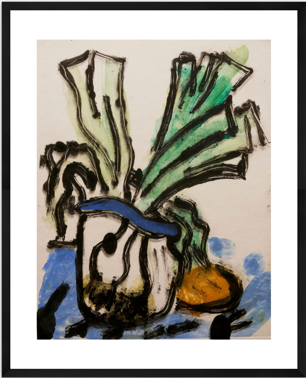 Abstract artwork with geometric shapes in black, green, blue, and brown on a beige background.