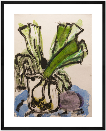 Artistic depiction of a plant with green leaves and a purple flower on a beige background