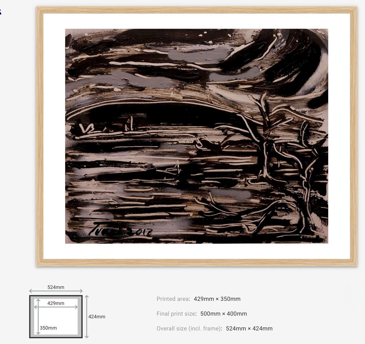 Framed abstract artwork with dimensions displayed