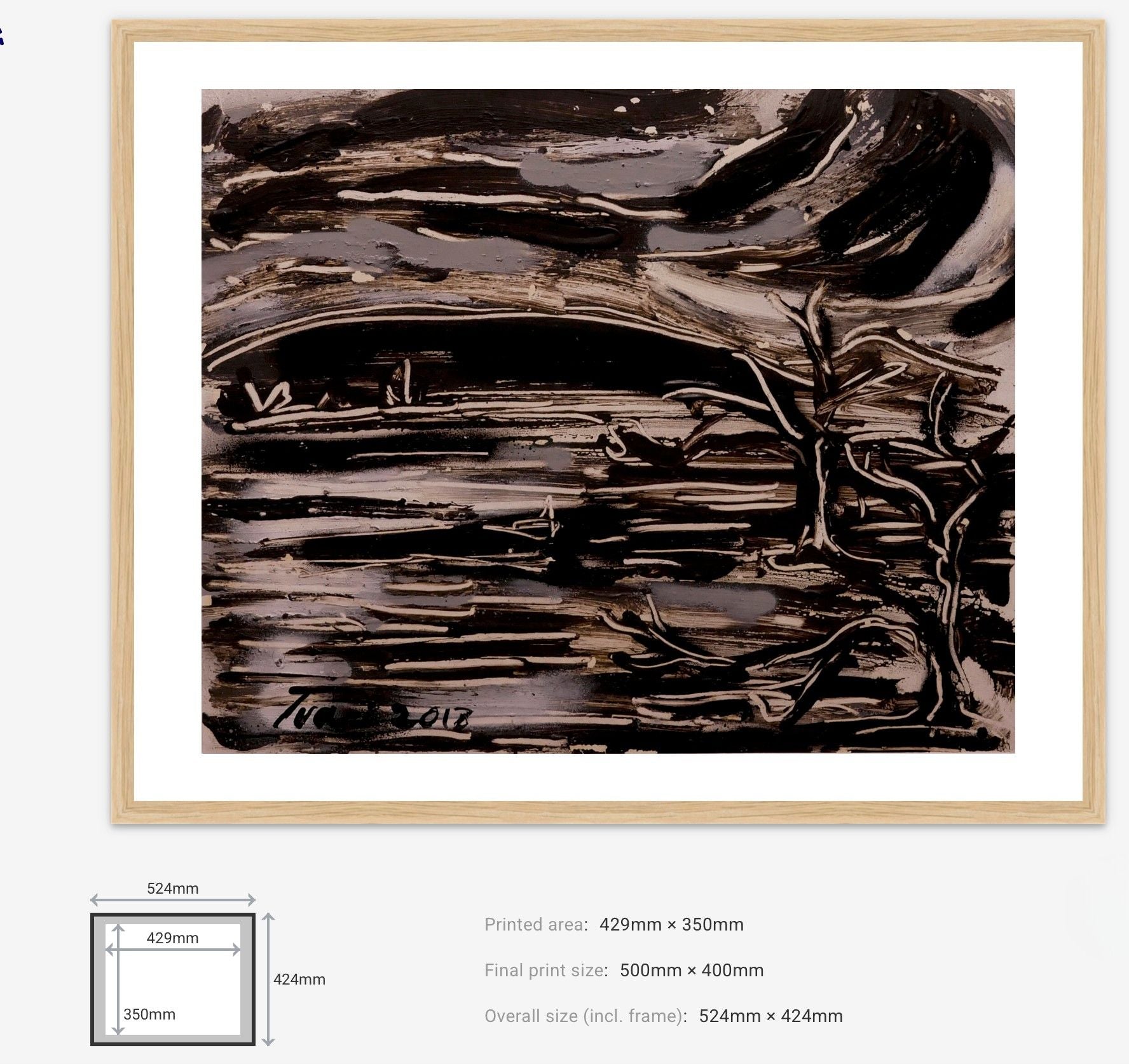 Framed abstract artwork with dimensions displayed
