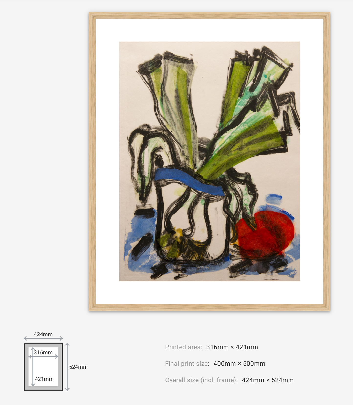 Framed abstract artwork with dimensions displayed