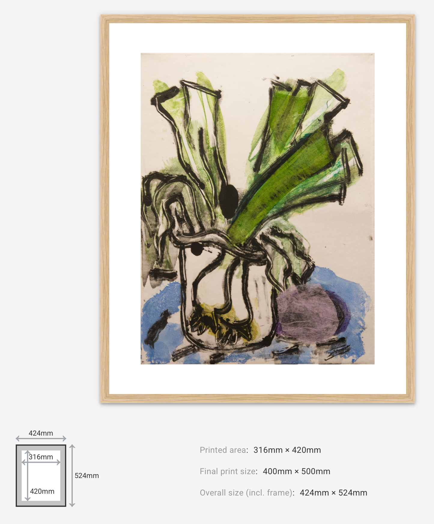 Framed abstract artwork with green and brown elements on a beige background