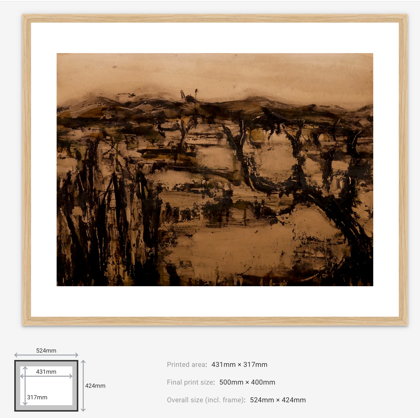 Framed landscape painting with dimensions displayed