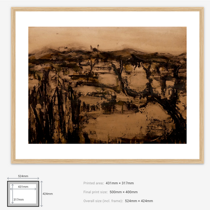 Framed landscape painting with dimensions displayed