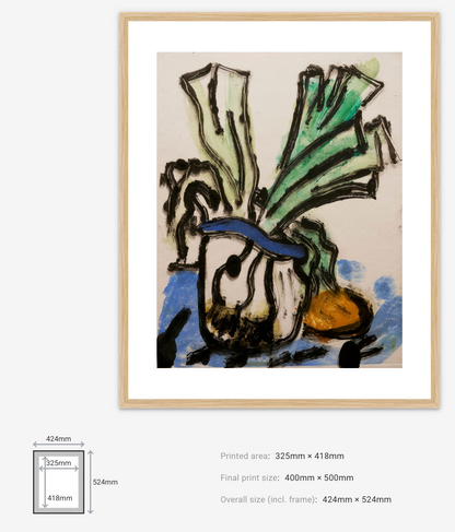 Framed artwork of a still life with vegetables on a white background