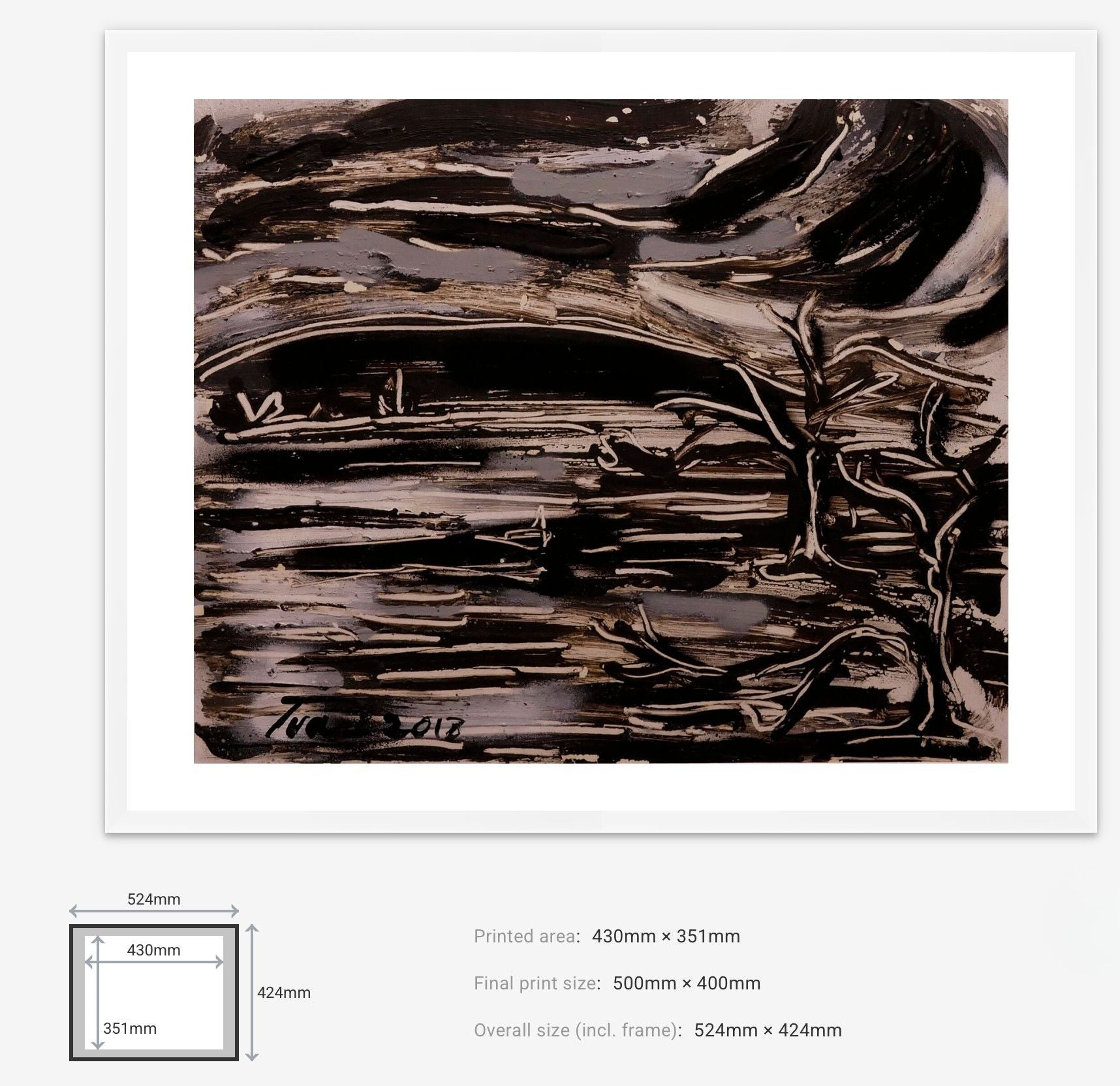 Abstract artwork with a tree and landscape, featuring a white border and measurement details.