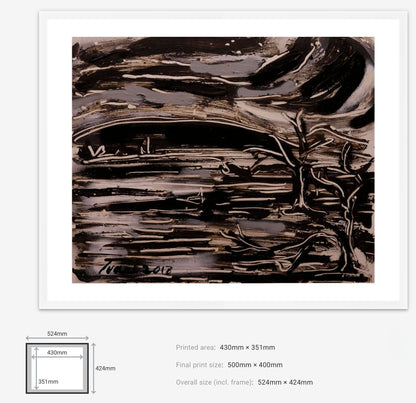 Abstract artwork with a tree and landscape, featuring a white border and measurement details.