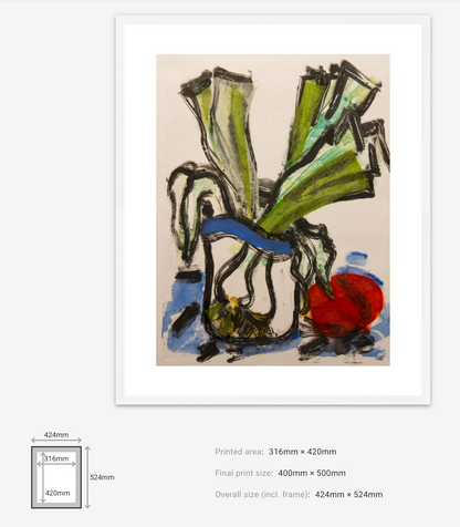Abstract artwork with colorful shapes and a frame displaying dimensions.