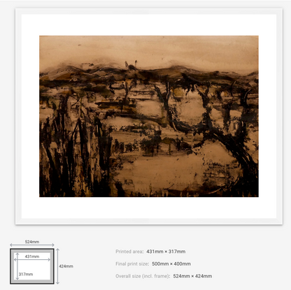 Framed landscape painting with dimensions displayed