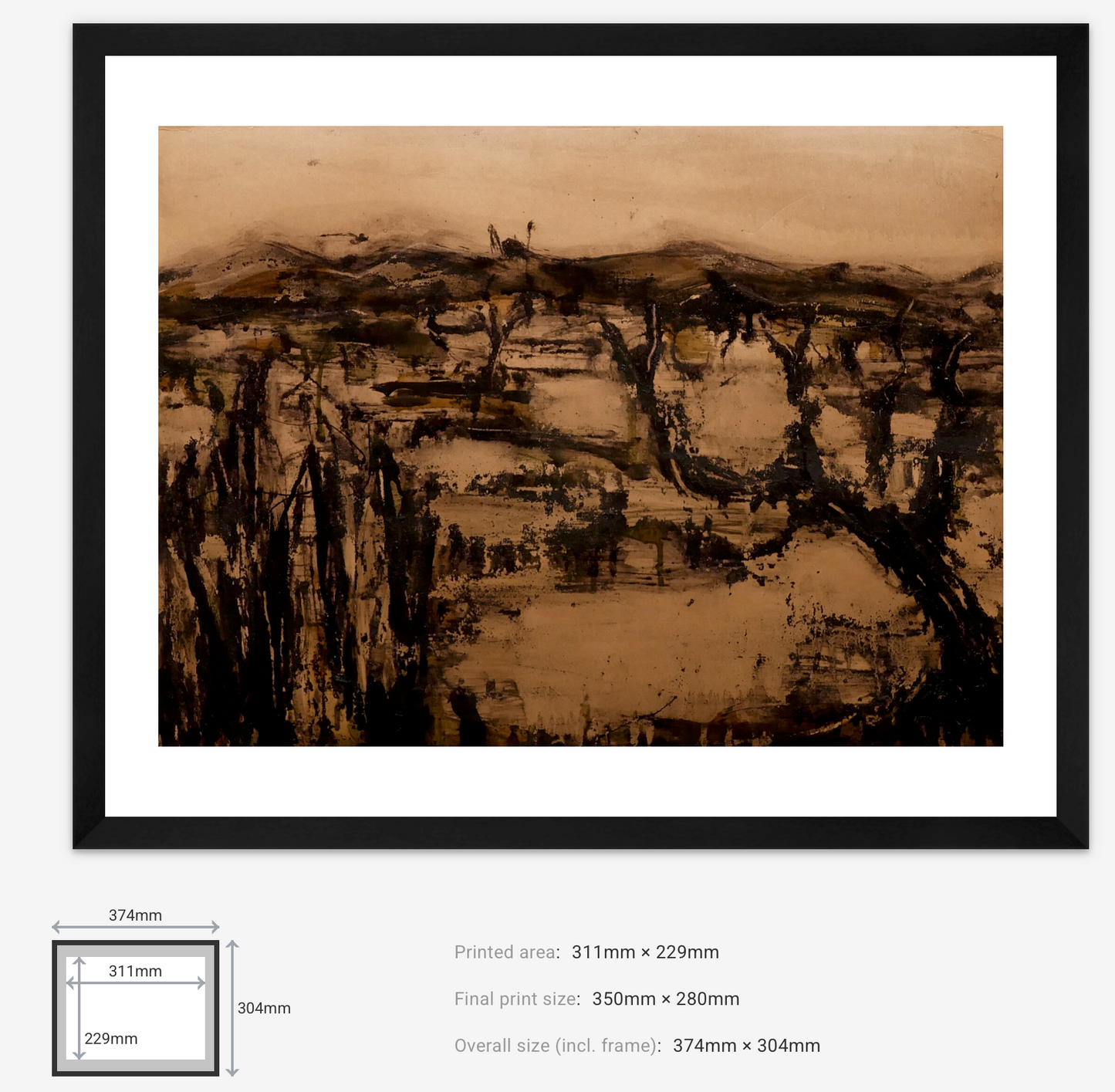 Framed artwork of a landscape with trees and water on a white background