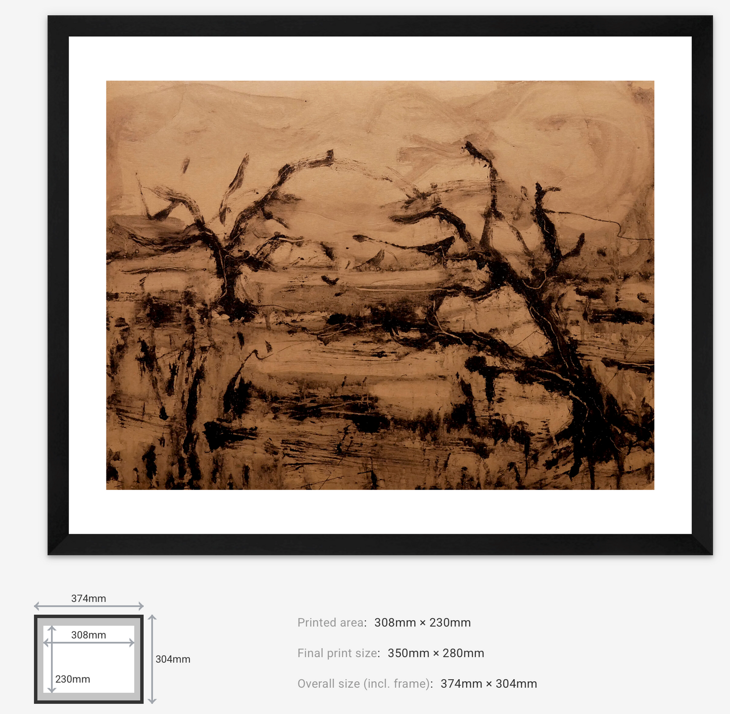 Framed abstract artwork with dimensions displayed
