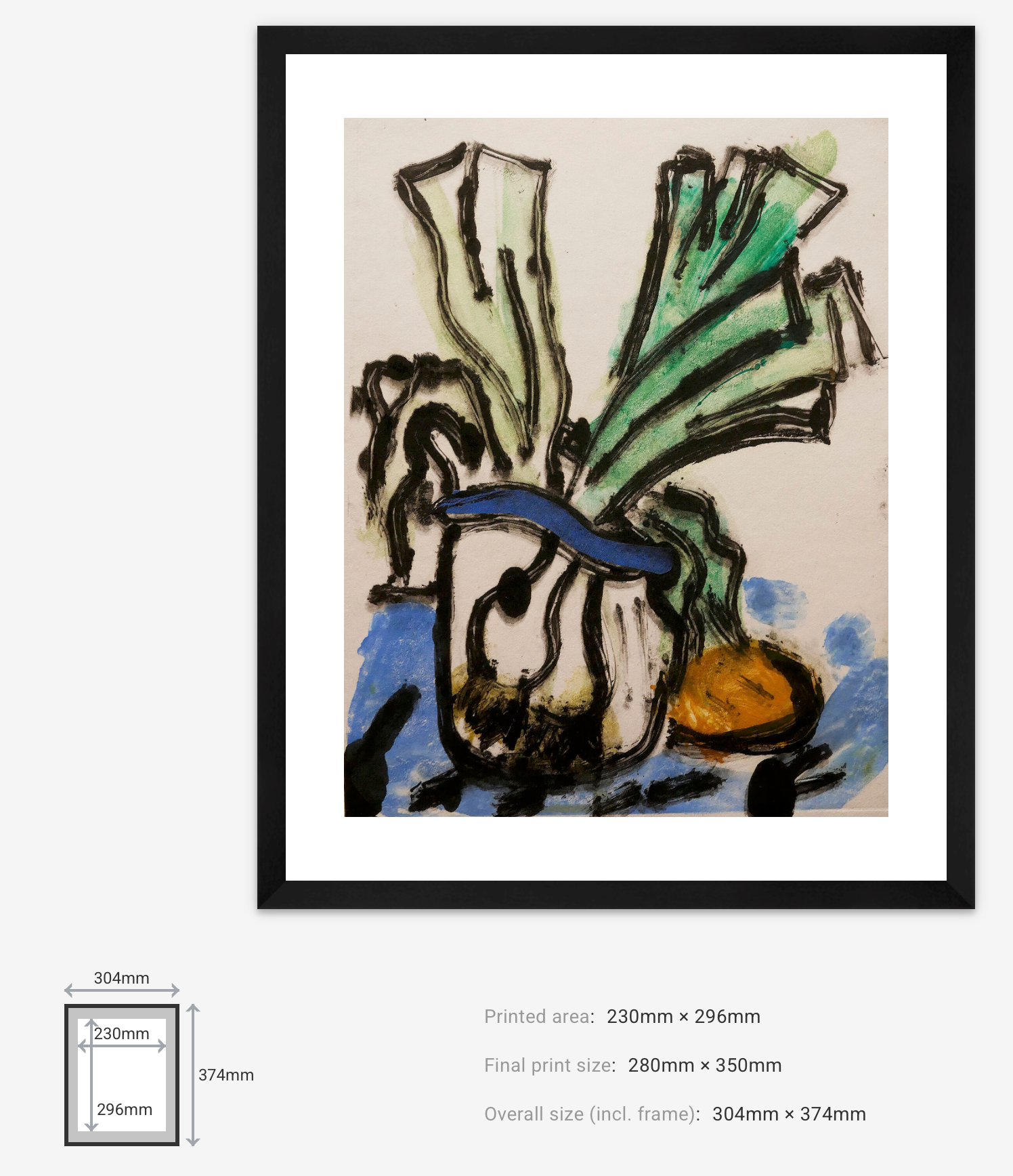 Framed abstract artwork with a black frame on a white background