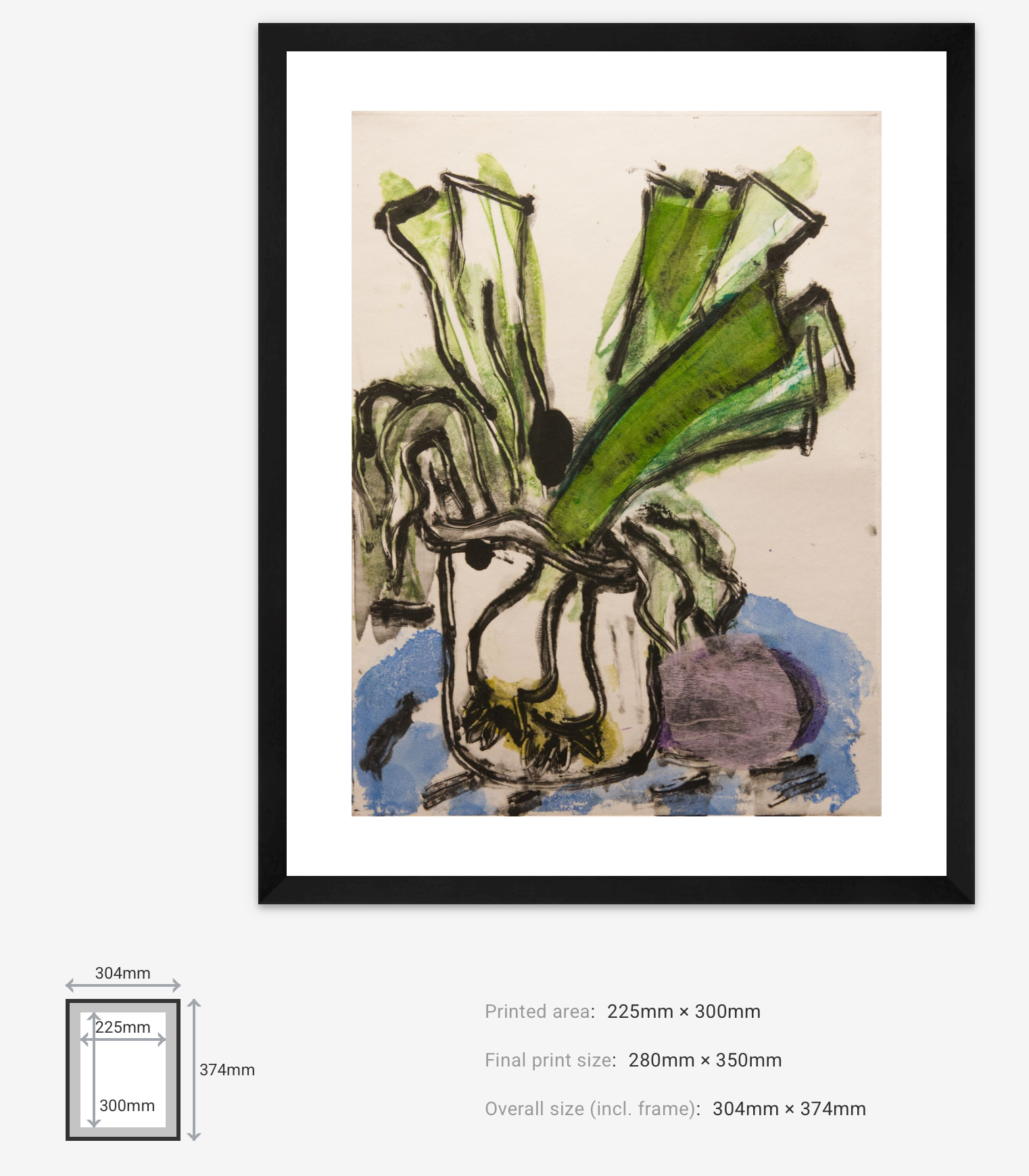 Framed abstract artwork with green and brown elements on a beige background