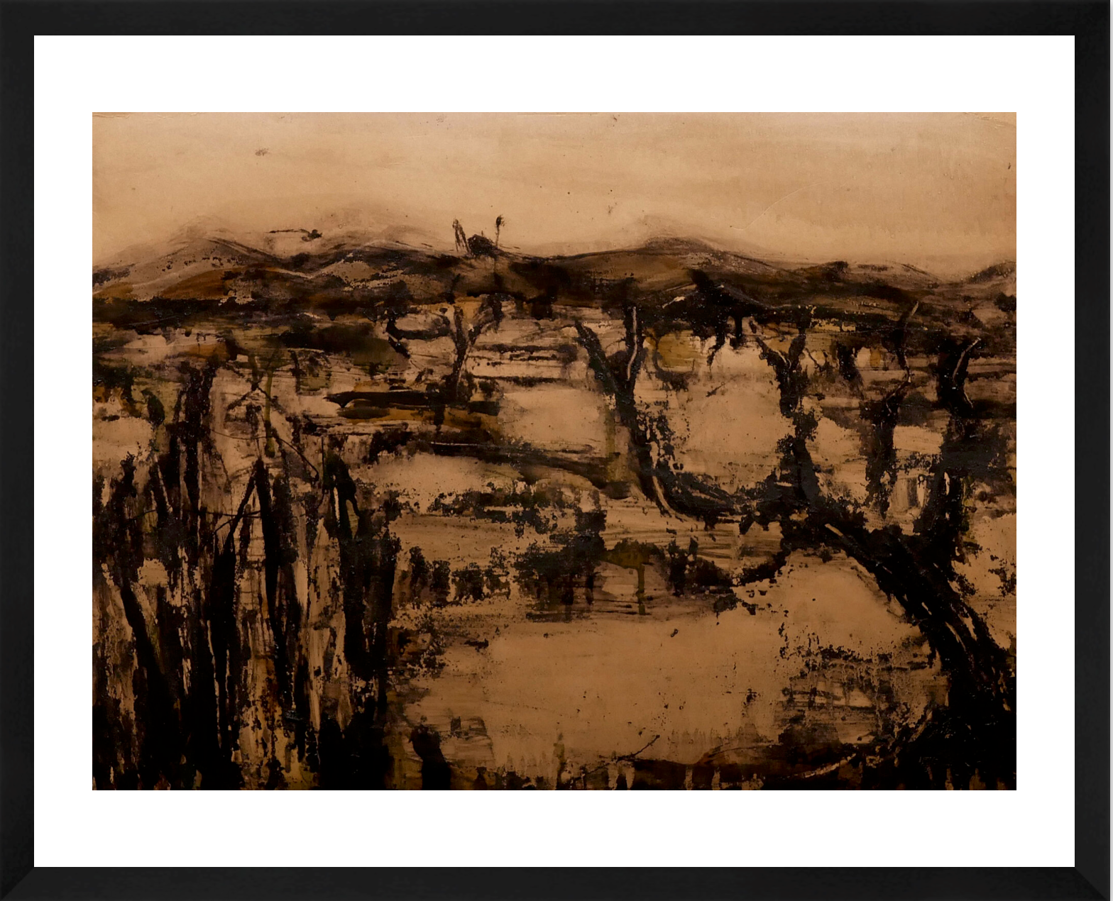 Abstract landscape painting with brown tones on a textured surface