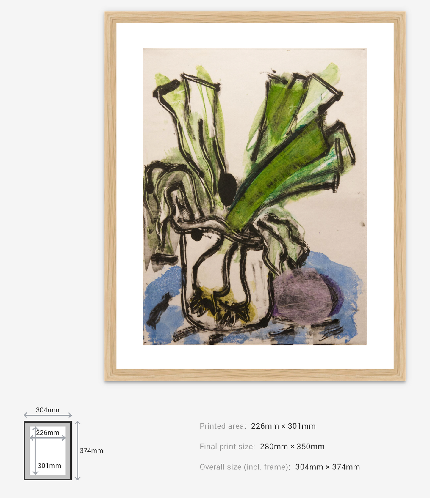 Framed abstract artwork with a vase and flowers on a beige background