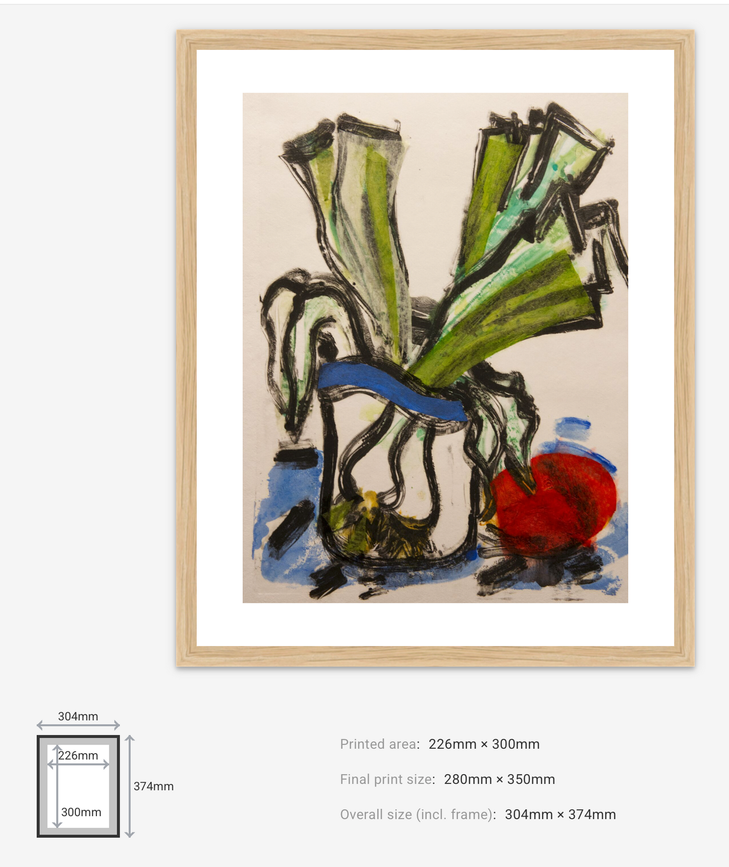 Framed abstract artwork with geometric shapes and colors on a beige background