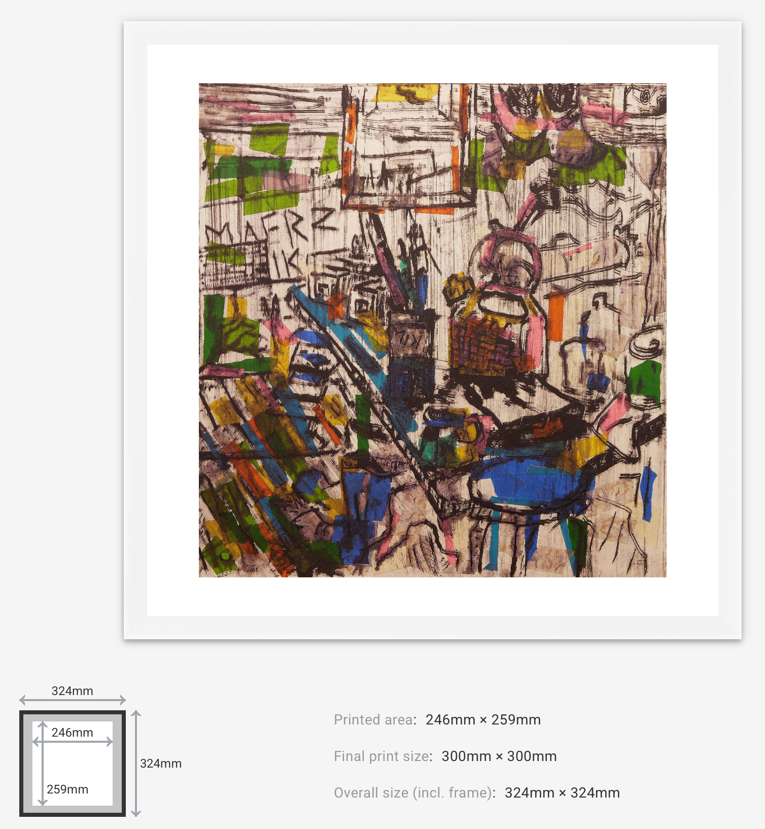 Still life artwork with colorful elements and text, displayed with dimensions on a white background.
