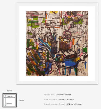 Still life artwork with colorful elements and text, displayed with dimensions on a white background.