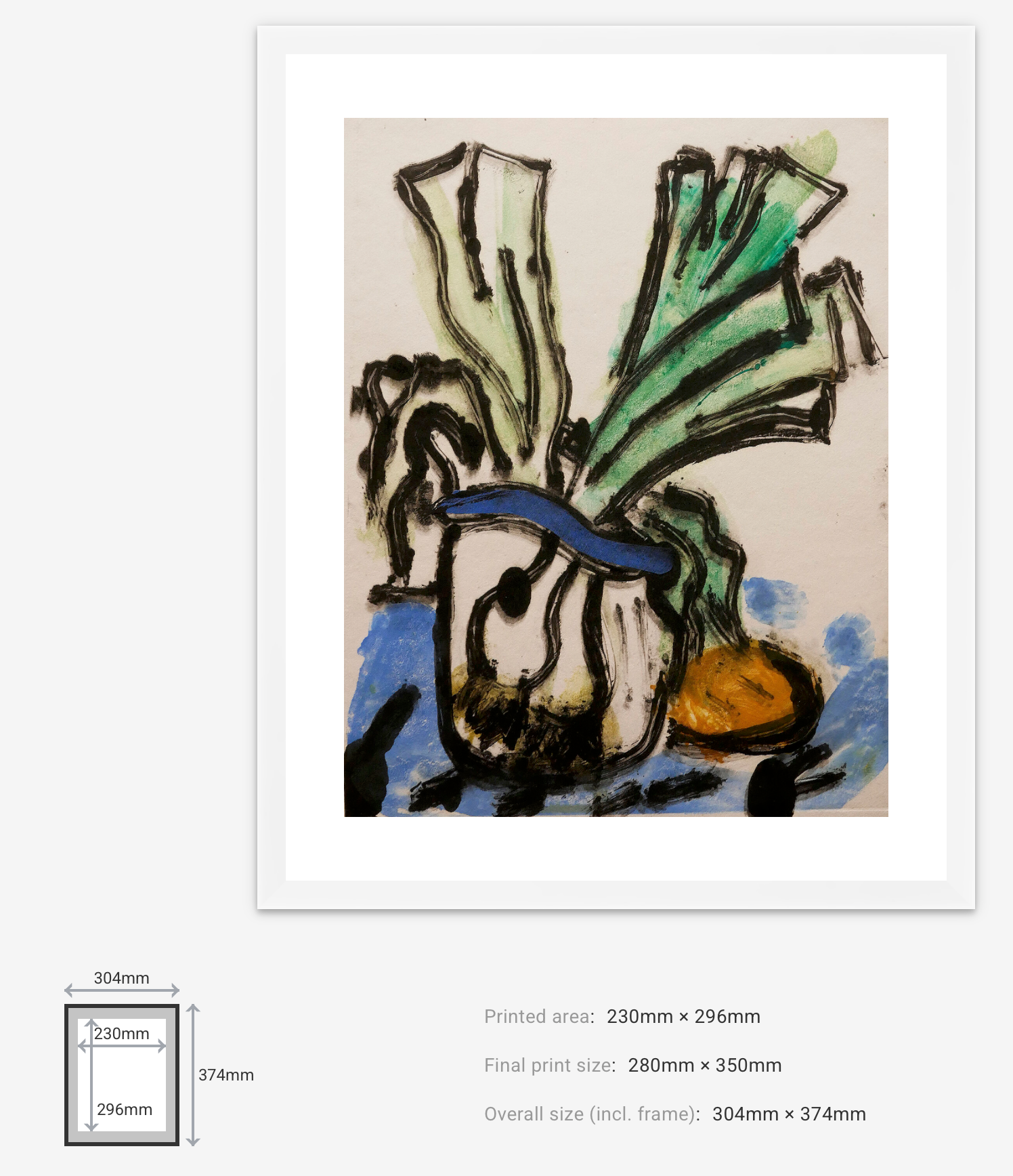 Abstract artwork of a vase and leaves on a beige background with dimensions displayed.