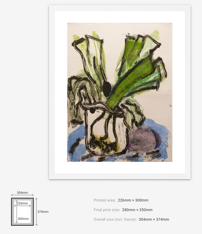 Artistic depiction of a vase with green leaves on a beige background, framed.