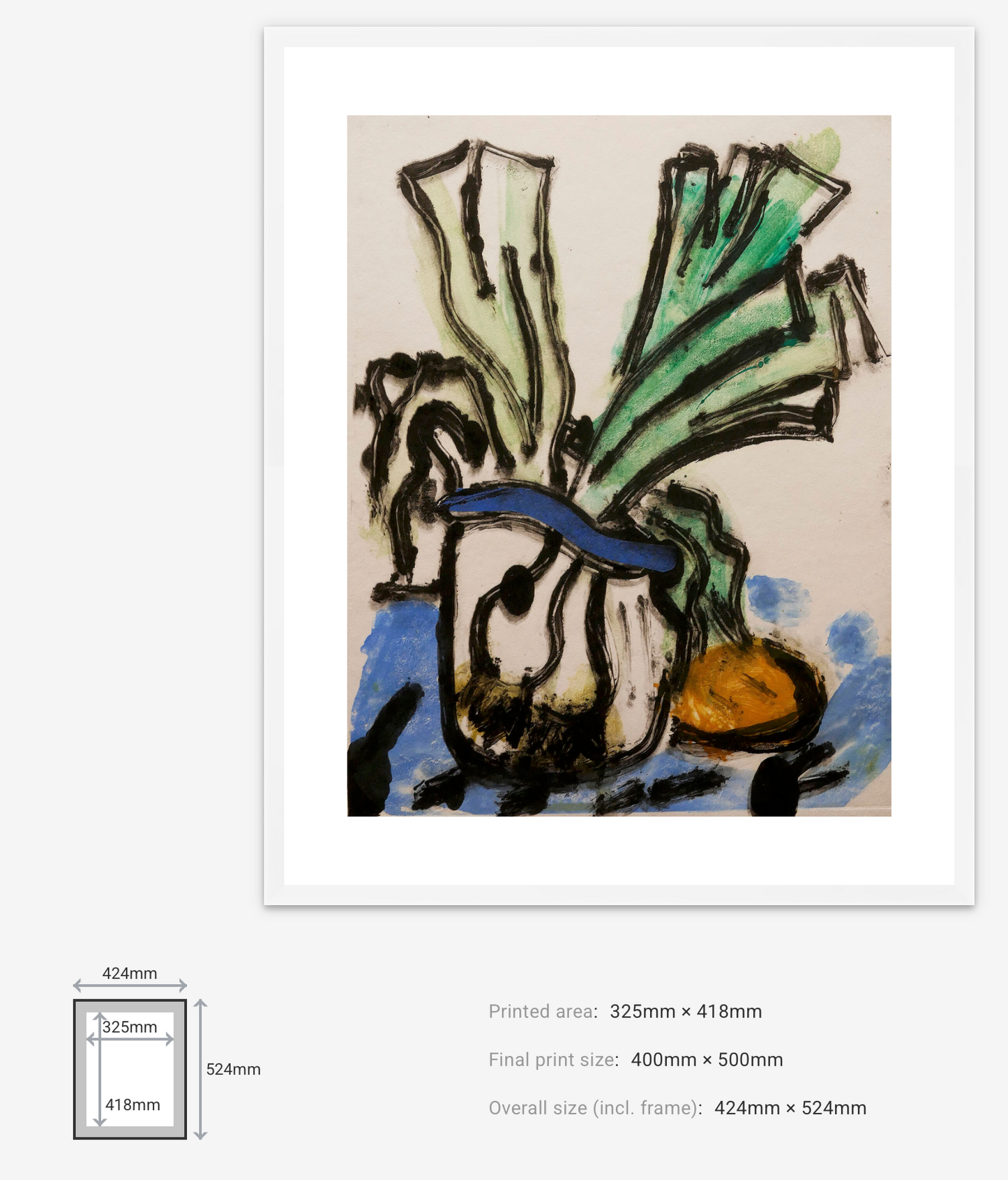 Artistic depiction of vegetables with measurements and print details displayed.