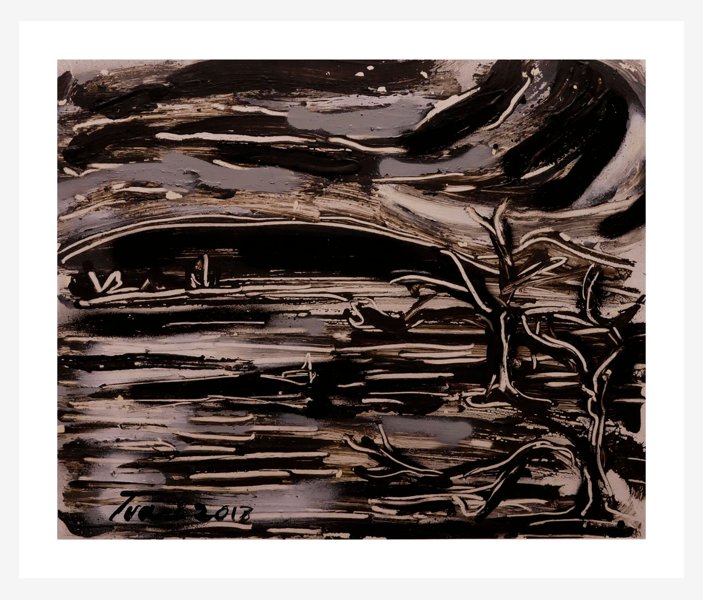 Abstract black and white artwork with wavy lines and a tree-like shape.