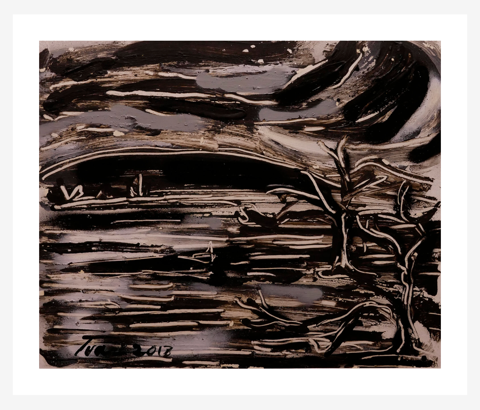Abstract black and white artwork with wavy lines and a tree-like shape.