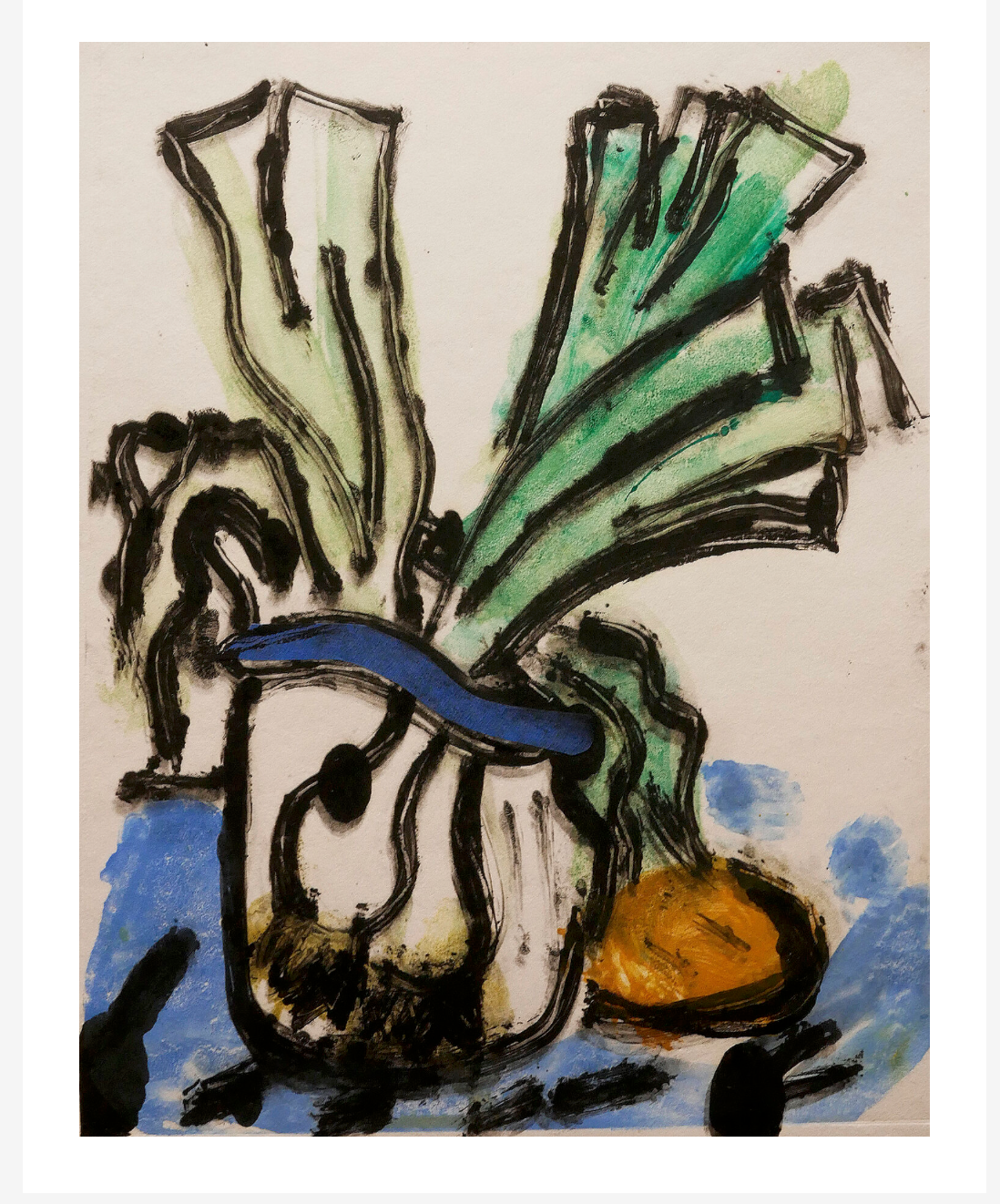 Abstract artwork with green, black, and blue elements on a beige background